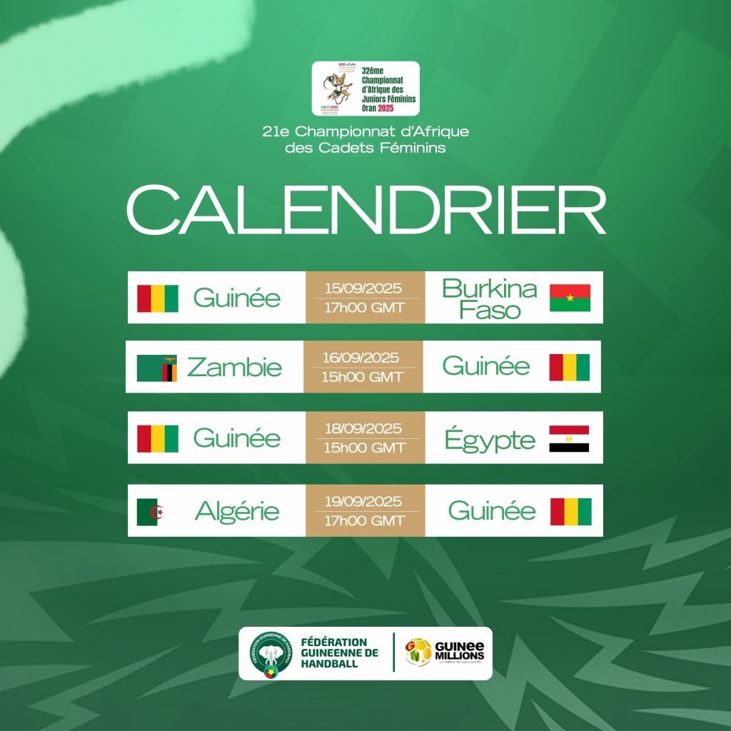 Handball/ Championnat d’Afrique des Cadets Féminins : le calendrier des matchs de la Guinée, dévoilé ! Handball/ Championnat d’Afrique des Cadets Féminins : le calendrier des matchs de la Guinée, dévoilé !